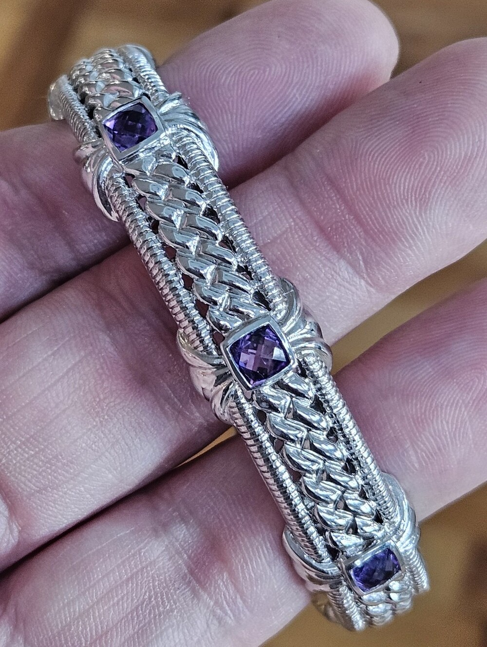Judith Ripka Amethyst Sterling Silver Braided Hinged Cuff Bracelet 7"